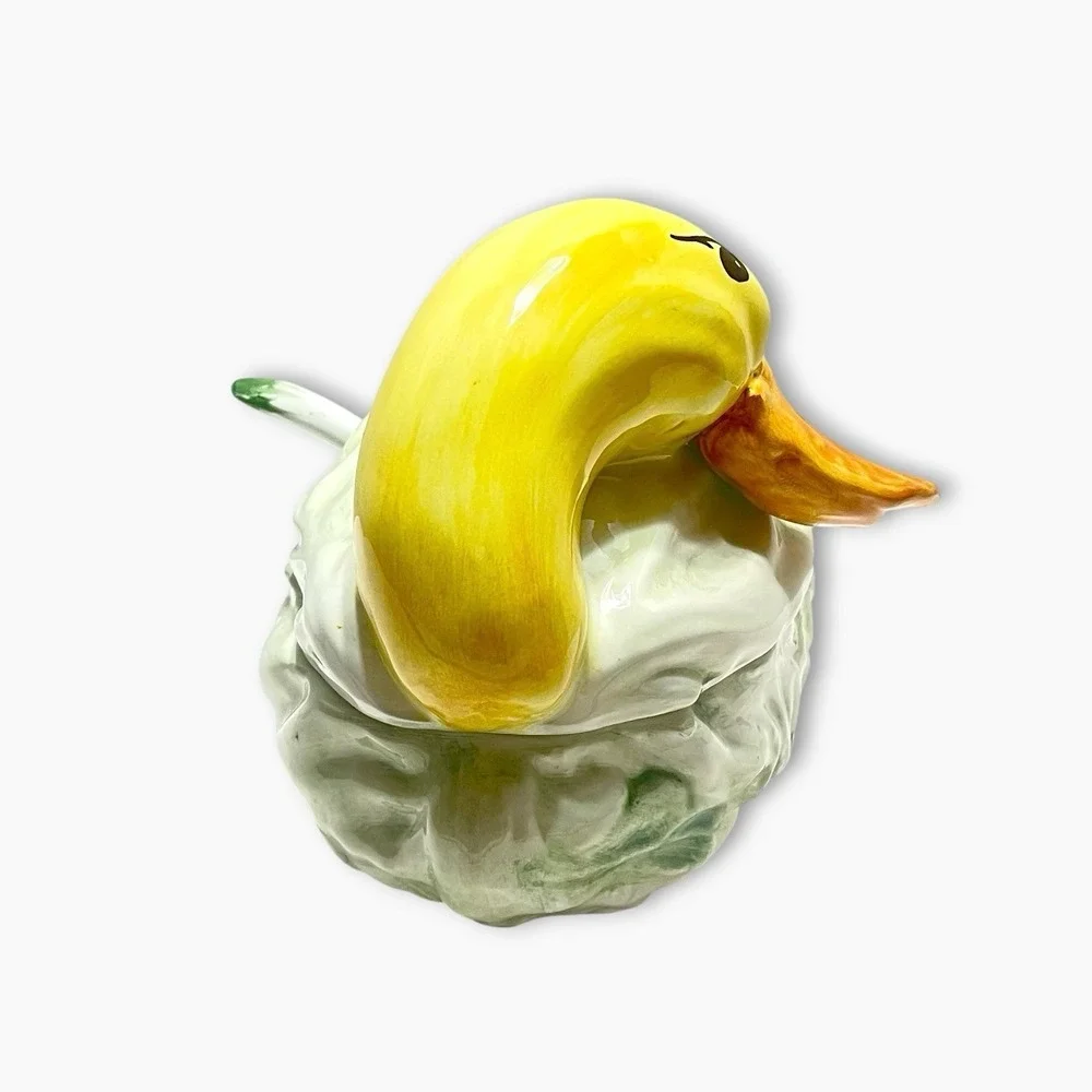 Vintage Italian Majolica Duck Goose Cabbage Cauliflower Tureen Lid Spoon